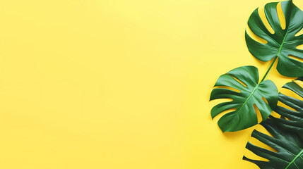 Green monstera leaves on yellow background with copy space. Top view. Banner. Minimal design. Exotic plant. Creative summer flat lay. Pop art trend