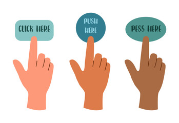 Fototapeta premium Hands of different skin tone press button, isolated on white background.