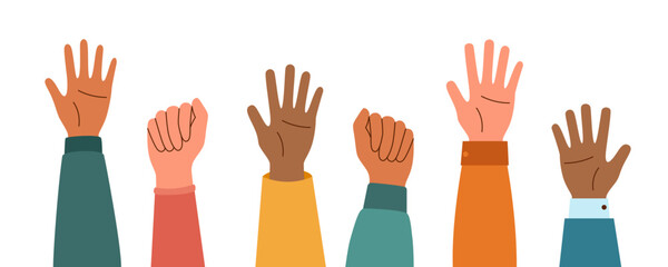 Set of arms raised up, isolated on a white background. Concept of struggle for rights. Concept of racial diversity.
