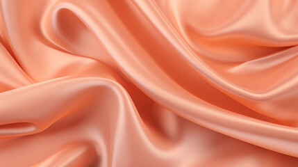 Closeup of rippled light peach color silk fabric. Background light peach. Copy space.