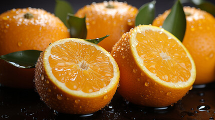 Fresh orange fruit with water droplets on branch in soft dreamy bright atmosphere. Natural fruits surface.