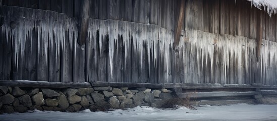 Scandinavian winter with icicles on an ancient barn.