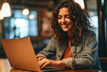 Fototapeta premium Attractive young caucasian woman sitting in front of a laptop smiling