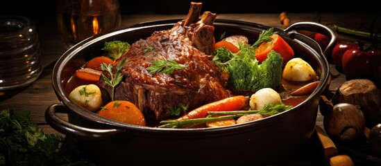 Red wine-braised lamb shank with vegetables presented in a stewpot.
