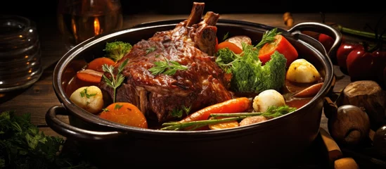 Foto op Plexiglas Red wine-braised lamb shank with vegetables presented in a stewpot. © 2rogan