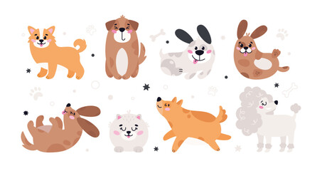 Naklejka premium Set of cute pets dogs. Cartoon vector dog or puppy characters design collection with flat color in different poses. Set of funny pet animals isolated on white background