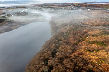 Aerial view of Lough fad in the morning fog, County Donegal, Republic of Ireland