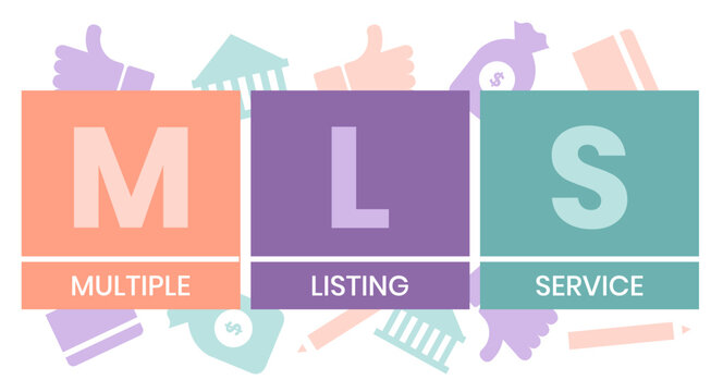 MLS, Multiple Listing Service acronym. Concept with keywords and icons. Flat vector illustration. Isolated on white background.