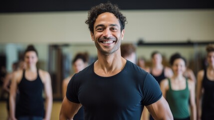 Portrait of a passionate choreographer smiling, with a dance studio and dancers in the background - obrazy, fototapety, plakaty
