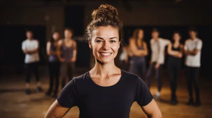 Foto auf Acrylglas Tanzschule Portrait of a passionate choreographer smiling, with a dance studio and dancers in the background