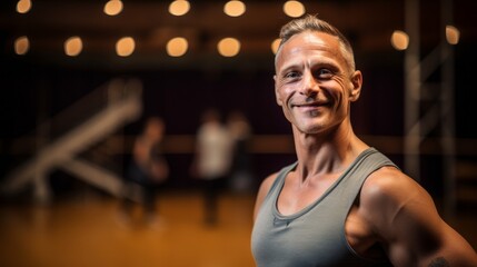 Portrait of a passionate choreographer smiling, with a dance studio and dancers in the background