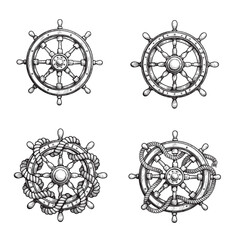 Hand drawn sketch style ship helms set. Original nautical symbols with rope. Retro vintage style. Vector illustrations isolated on white.