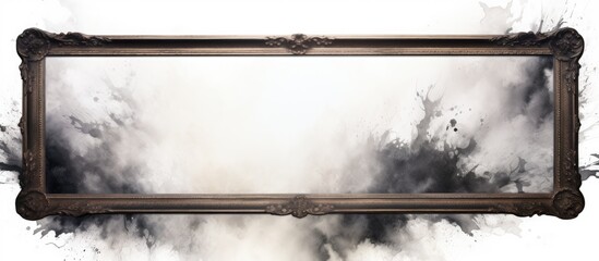 In an old vintage frame hanging on the white wall, a watercolor painting of a beautifully light splashed beauty captured in black and grunge, painted with a brush, creating a stunning vintage