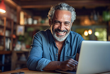 Attractive mature hispanic man sitting in front of a laptop smiling