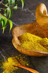 Oriental spices on a wooden background. Indian seasonings