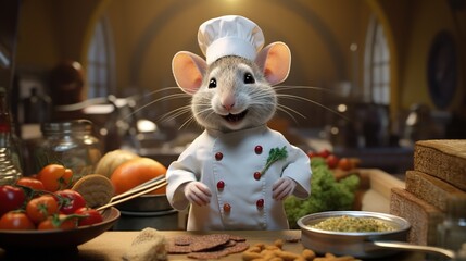 A mouse look like a cooking chef, funny and pro like ratatouille