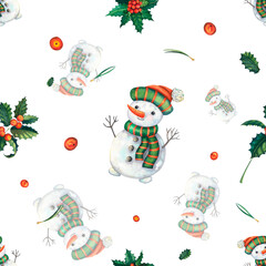 Winter watercolour seamless pattern with snowman in a hat and scarf holly branches and red berry, winter holiday new year illustration with cartoon character. Painting for banner, cloth, card and