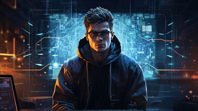 Hacker using the Internet hacked abstract computer server, database, network storage, firewall, social network account, theft of data