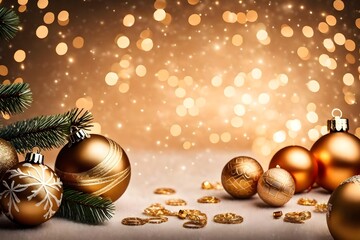 Christmas background with golden balls, bokeh and copyspace