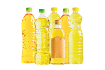 Vegetable and olive oil glass bottle isolated on white background, organic healthy food for cooking.