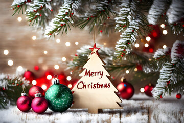Christmas background with Christmas tree toys and Merry Christmas text. Christmas card