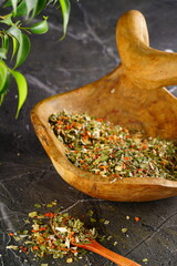 Oriental spices on a wooden background. Indian seasonings