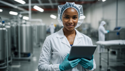 A Confident African American Factory Supervisor Holding Tablet and Smiling at the Camera.