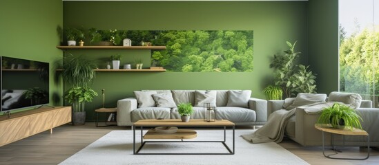 Living room in a large cottage-style house, featuring green walls and plants.