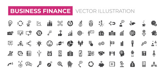 Business Finance icon set. Containing loan, cash, saving, financial goal, profit, budget, mutual fund, earning money and revenue icons. Solid icons collection. Money, Stock Market, Savings,
