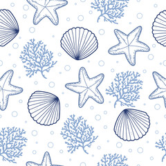 Marine background seamless pattern with seashells, corals and starfishes