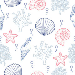 Marine background seamless pattern with conch, seashells, starfish, and nautilus