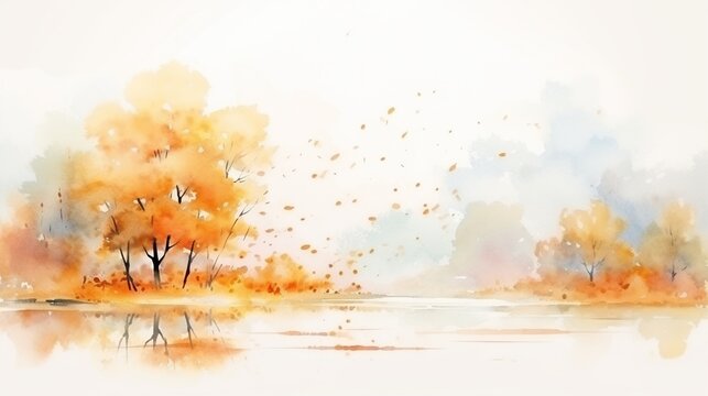 Watercolor art of yellow autumn season trees and leaves with copy space area. Generative AI