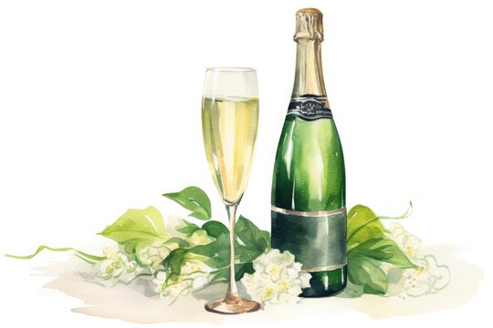 green and gold, drawn watercolor champagne bottle and glass on white background. Christmas and New Year. holiday party