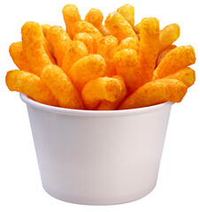 Puffed corn snacks cheesy in white bowl isolated on white background, Puff corn or Corn puffs cheese flavor on white With clipping path PNG File.