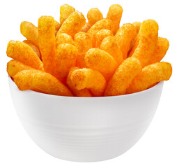 Puffed corn snacks cheesy in white bowl isolated on white background, Puff corn or Corn puffs cheese flavour on white With clipping path PNG File.