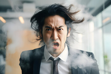 portrait of angry hothead Asian businessman with smoke in office