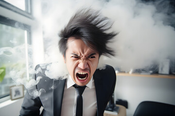 portrait of angry hothead Asian businessman with smoke in office - obrazy, fototapety, plakaty