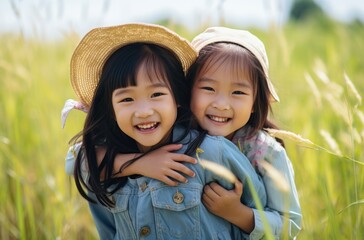 Two little Asian twin girls wearing boaters, hug each other in a field, sharing a joyful moment full of smiles and warmth