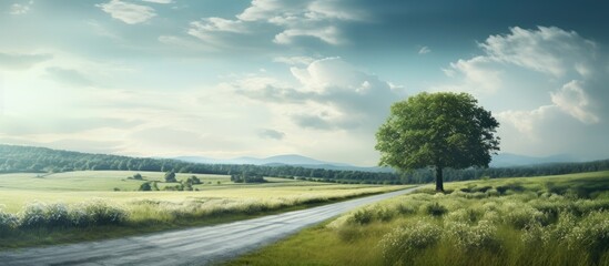 Fototapeta premium A road surrounded by trees and bushes in an open field, under a cloudy sky.