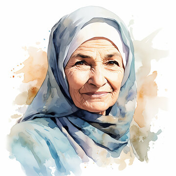  Portrait Of An Old Muslim Woman Wearing A Hijab Illustration Isolated On A White Background, Watercolor Clipart