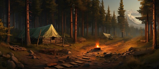 Campsite clearing with a wooden path in the forest.