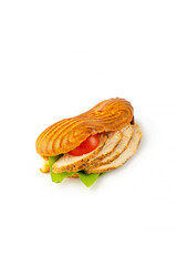 Sandwich with ham and red caviar on a white background
