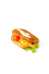 Sandwich with ham and red caviar on a white background