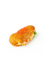 Sandwich with ham and red caviar on a white background