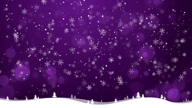 Christmas tree paper cut on purple landscape background with snowflakes. Winter loop screensaver.