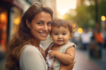 portrait of a beautiful hispanic young mother with a a cute baby