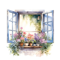 Watercolor cottage window with flowers