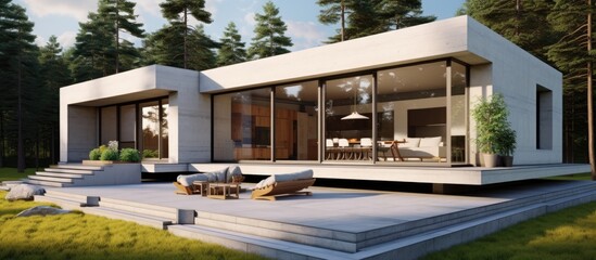 Contemporary home, simple shape made of concrete.