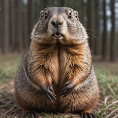 Groundhog, also known as a woodchuck, is a stout-bodied rodent celebrated for its curious behavior and unique appearance - obrazy, fototapety, plakaty