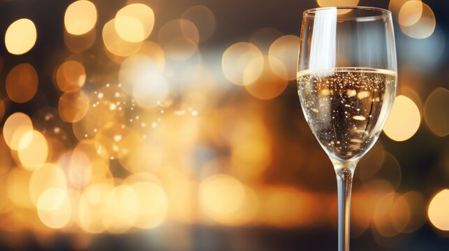 One glass of champagne against a background of blurred lights.